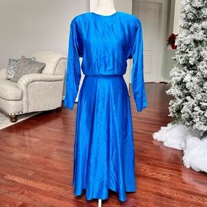 Silk Studio Vintage Blue Satin Long Sleeve MIDI Dress Size 10